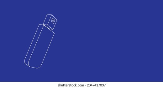 The outline of a large flash drive made of white lines on the left. 3D view of the object in perspective. Vector illustration on indigo background