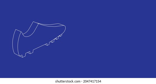 The Outline Of A Large Football Boot Symbol Made Of White Lines On The Left. 3D View Of The Object In Perspective. Vector Illustration On Indigo Background