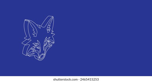 The outline of a large fox's head symbol made of white lines on the left. 3D view of the object in perspective. Vector illustration on indigo background