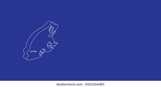 The outline of a large funny frog made of white lines on the left. 3D view of the object in perspective. Vector illustration on indigo background