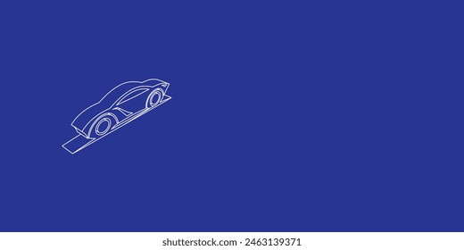 El contorno de un Grande símbolo de coche futuro hecho de líneas blancas a la izquierda. Vista 3D del objeto en perspectiva. Ilustración vectorial sobre fondo índigo