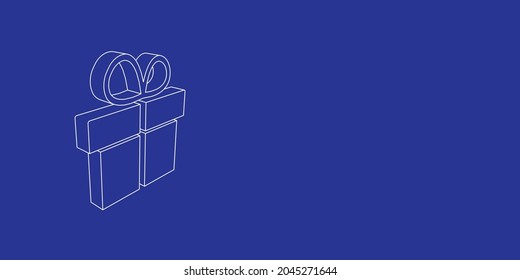 The outline of a large gift symbol made of white lines on the left. 3D view of the object in perspective. Vector illustration on indigo background