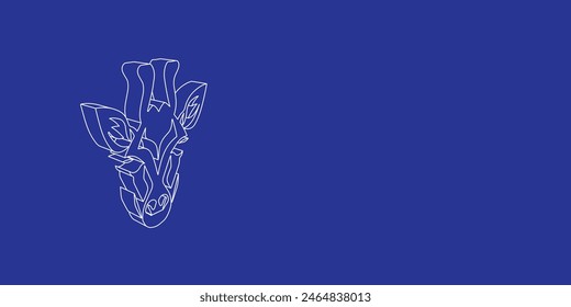 The outline of a large giraffe head symbol made of white lines on the left. 3D view of the object in perspective. Vector illustration on indigo background