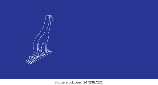 The outline of a large giraffe symbol made of white lines on the left. 3D view of the object in perspective. Vector illustration on indigo background