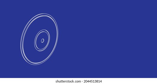 The outline of a large gramophone record symbol made of white lines on the left. 3D view of the object in perspective. Vector illustration on indigo background