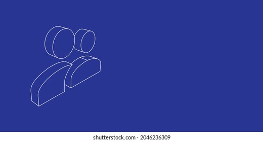 The outline of a large group symbol made of white lines on the left. 3D view of the object in perspective. Vector illustration on indigo background