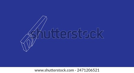 The outline of a large hand saw symbol made of white lines on the left. 3D view of the object in perspective. Vector illustration on indigo background