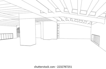 Outline of a large hangar from black lines isolated on a white background. Vector illustration.