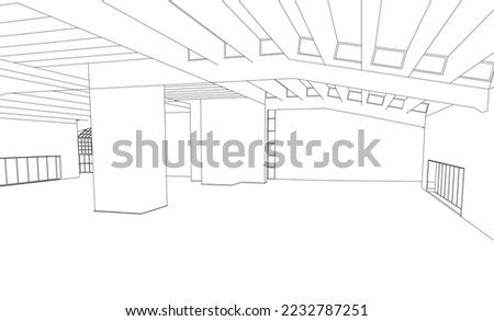 Outline of a large hangar from black lines isolated on a white background. Vector illustration.