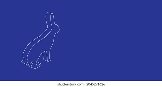 Der Umriss eines großen Hasensymbols aus weißen Linien auf der linken Seite. 3D-Ansicht des Objekts in Perspektive. Vektorgrafik auf indigem Hintergrund