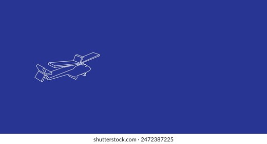 The outline of a large helicopter symbol made of white lines on the left. 3D view of the object in perspective. Vector illustration on indigo background