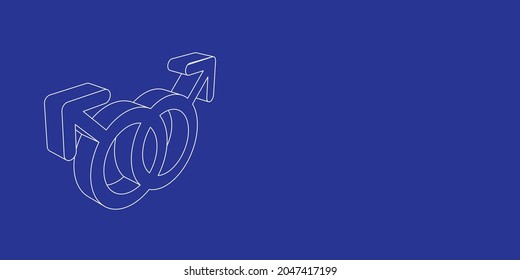 El contorno de un gran símbolo homosexual hecho de líneas blancas a la izquierda. Vista 3D del objeto en perspectiva. Ilustración vectorial en el fondo índigo