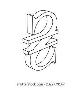 The outline of a large hryvnia symbol is made with black lines. 3D view of the object in perspective. Vector illustration on white background