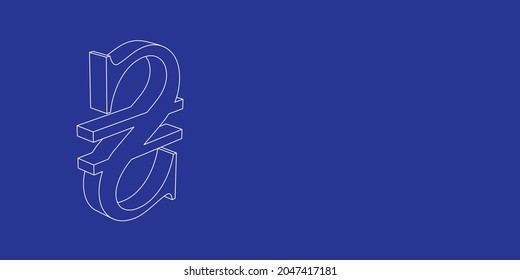 The outline of a large hryvnia symbol made of white lines on the left. 3D view of the object in perspective. Vector illustration on indigo background