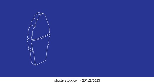 The outline of a large ice cream symbol made of white lines on the left. 3D view of the object in perspective. Vector illustration on indigo background