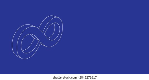 The outline of a large infinity symbol made of white lines on the left. 3D view of the object in perspective. Vector illustration on indigo background