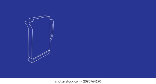 The outline of a large kettle symbol made of white lines on the left. 3D view of the object in perspective. Vector illustration on indigo background