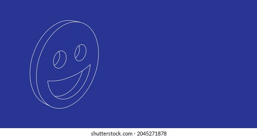 The outline of a large laughter face symbol made of white lines on the left. 3D view of the object in perspective. Vector illustration on indigo background