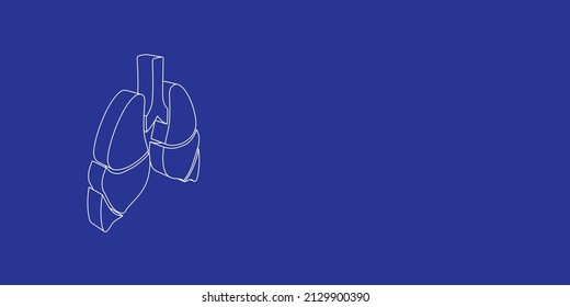 The outline of a large lungs symbol made of white lines on the left. 3D view of the object in perspective. Vector illustration on indigo background