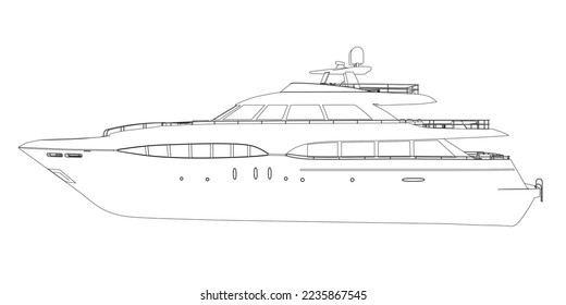 Outline of a large luxury yacht from black lines isolated on a white background. Side view. 3D. Vector illustration.