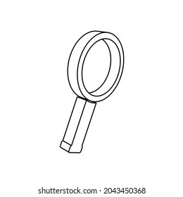 The outline of a large magnifier symbol is made with black lines. 3D view of the object in perspective. Vector illustration on white background