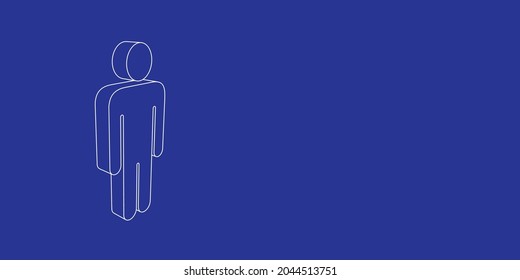 The outline of a large man symbol made of white lines on the left. 3D view of the object in perspective. Vector illustration on indigo background