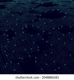 El contorno de un gran laberinto de líneas azules sobre un fondo oscuro con luces brillantes. Ilustración del vector