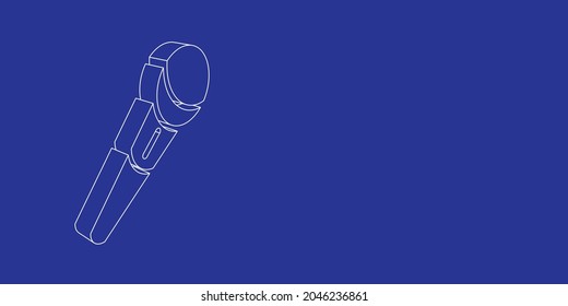 The outline of a large microphone symbol made of white lines on the left. 3D view of the object in perspective. Vector illustration on indigo background