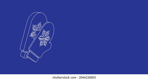 The outline of a large mittens symbol made of white lines on the left. 3D view of the object in perspective. Vector illustration on indigo background