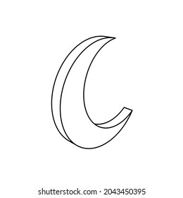 The outline of a large moon symbol is made with black lines. 3D view of the object in perspective. Vector illustration on white background
