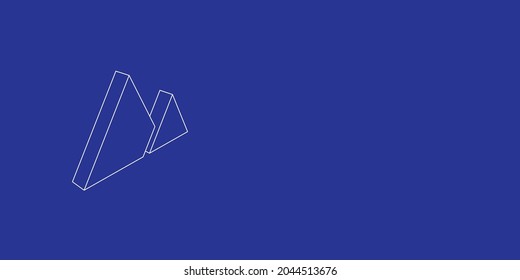 The outline of a large mountains symbol made of white lines on the left. 3D view of the object in perspective. Vector illustration on indigo background