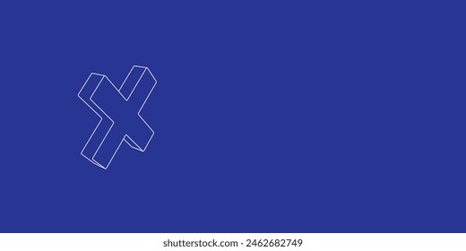 The outline of a large multiplication symbol made of white lines on the left. 3D view of the object in perspective. Vector illustration on indigo background