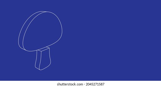 The outline of a large mushroom symbol made of white lines on the left. 3D view of the object in perspective. Vector illustration on indigo background