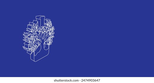 The outline of a large mystical tree in bottle symbol made of white lines on the left. 3D view of the object in perspective. Vector illustration on indigo background