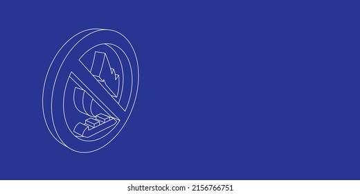 The outline of a large no gas symbol made of white lines on the left. 3D view of the object in perspective. Vector illustration on indigo background