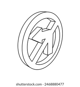 The outline of a large no left turn sign is made with black lines. 3D view of the object in perspective. Vector illustration on white background