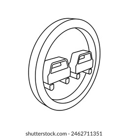 The outline of a large no overtaking sign is made with black lines. 3D view of the object in perspective. Vector illustration on white background