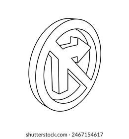 The outline of a large no right turn sign is made with black lines. 3D view of the object in perspective. Vector illustration on white background