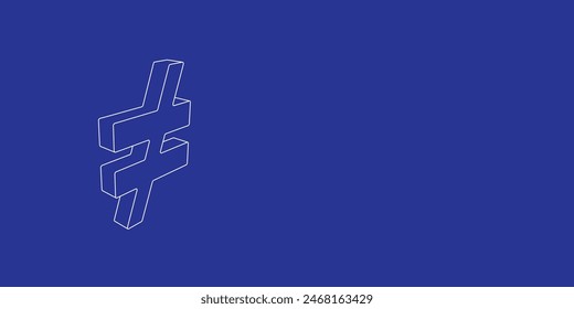 The outline of a large not equal symbol made of white lines on the left. 3D view of the object in perspective. Vector illustration on indigo background