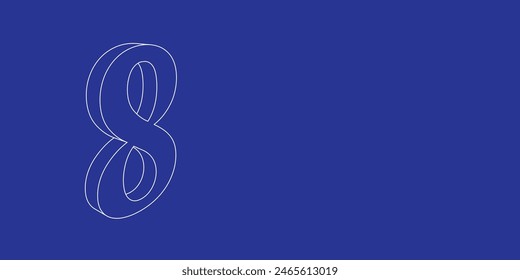 The outline of a large number eight symbol made of white lines on the left. 3D view of the object in perspective. Vector illustration on indigo background