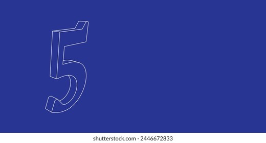 The outline of a large number five symbol made of white lines on the left. 3D view of the object in perspective. Vector illustration on indigo background