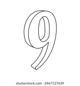 The outline of a large number nine symbol is made with black lines. 3D view of the object in perspective. Vector illustration on white background