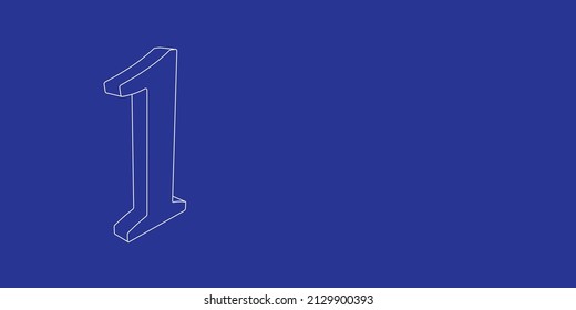 The outline of a large number one symbol made of white lines on the left. 3D view of the object in perspective. Vector illustration on indigo background