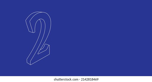 The outline of a large number two symbol made of white lines on the left. 3D view of the object in perspective. Vector illustration on indigo background