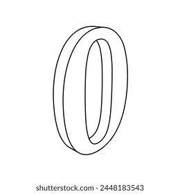 The outline of a large number zero symbol is made with black lines. 3D view of the object in perspective. Vector illustration on white background