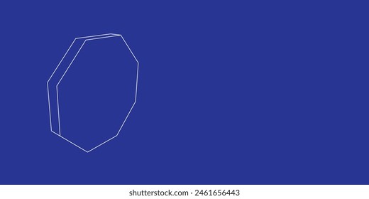 The outline of a large octagon symbol made of white lines on the left. 3D view of the object in perspective. Vector illustration on indigo background