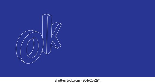 Der Umriss eines großen OK-Symbols aus weißen Linien auf der linken Seite. 3D-Ansicht des Objekts in Perspektive. Vektorgrafik auf indigem Hintergrund
