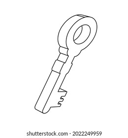 The outline of a large old key symbol is made with black lines. 3D view of the object in perspective. Vector illustration on white background