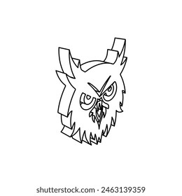The outline of a large owl head symbol is made with black lines. 3D view of the object in perspective. Vector illustration on white background