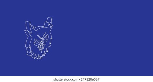 The outline of a large owl head symbol made of white lines on the left. 3D view of the object in perspective. Vector illustration on indigo background